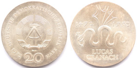 Germania Democratica. 20 Marchi 1972. Ag. 500&deg; Anniversario della nascita di Lucas Cranach, Pittore. KM 41. Diametro mm. 33. Peso gr. 20,82. qFDC....