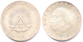 Germania Democratica. 10 Marchi 1967. Ag. 100&deg; Anniversario della nascita di K&auml;the Kollwitz, artista. KM 17.1. Diametro mm. 31. Peso gr. 16,9...