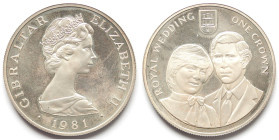 Gibilterra. Corona 1981. Matrimonio di Carlo e Diana. Ag. Peso gr. 28,42. Proof. Macchie.

Proof