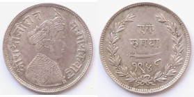 India. Baroda. Sayaji Rao III. 1875-1939. Rupee. 1948 (1891). Ag. KM-Y36. Peso gr. 11,36. Diametro mm. 30. qSPL. 

qSPL