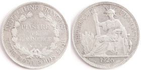 Indocina Francese. Piastra di Commercio 1926 A. Ag. KM# a5.1. Peso gr. 26,97. Diametro mm. 39. qSPL. 

qSPL