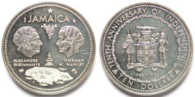 Jamaica. 10 Dollari 1972. 10&deg; anniversario - Indipendenza. Ag. KM# 60. Peso 48,86 gr. Diametro mm. 46. Proof. 

Proof