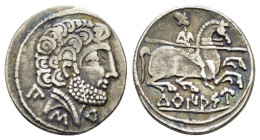 SPAIN. Turiasu.(Late 2nd-early 1st century BC).Denarius.

Obv : Head of bearded male right, wearing necklace; Iberian ka behind neck, s below, tu befo...