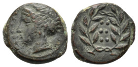 SICILY.Himera.(Circa 415-409 BC).Ae. 

Obv : Head of nymph left; six pellets (mark of value) before.

Rev : Six pellets (mark of value) within wreath....