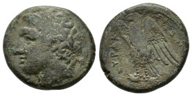 SICILY. Syracuse. Hiketas II.(287-278 BC).Ae.

Obv : ΔΙΟΣ ΕΛΛΑΝΙΟΥ.
Laureate head of Zeus Hellanios left.

Rev : ΣΥΡΑΚΟΣΙΩΝ.
Eagle standing left on th...