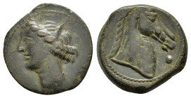 CARTHAGE.(Circa 300-264 BC).Sardinia.Ae.

Obv : Wreathed head of Tanit left.

Rev : Head of horse right; Punic 'ayin to right.
Piras 54; SNG Copenhage...