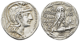ATTICA. Athens.(Ca. 168/5-50 BC).Tetradrachm .

Obv : Helmeted head of Athena right.

Rev :  A-ӨE, ΔHME-AΣ, EPMO, KΛHΣ, ΛΥΣΜ, ΔH.
Owl standing ri...