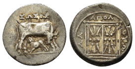 ILLYRIA. Apollonia.(Circa 200-37 BC).Drachm.

Obv : ΣΩΣOΣ.
Cow standing right, suckling calf.

Rev : AΠOΛ ΘYΩ-NI-ΔA.
Square containing double stellate...