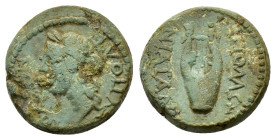 ILLYRIA. Apollonia.(Early-mid 1st century BC). Ae.

Obv : EYΠOLE ΖΕΝΟΦ.
Laureate head of Apollo left.

Rev : ΑΠΟΛΛΩNIATAN.
Lyre.

Condition : Good ver...