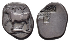 THRACE.Byzantion.(Circa 340-320 BC).1/5 Stater.

Obv : ΠY.
Bull standing left on dolphin.

Rev : Quadripartite millsail incuse.
SNG BM Black Sea 36-41...