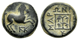 THRACE. Maroneia.(Circa 398/97 - 348/47 BC).Ae.

Obv : Prancing horse right; monogram below.

Rev : MAPONITΩΝ.
Four bunches of grapes in linear square...