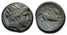KINGS of MACEDON. Philip I The Arab.I (359-336 BC).Uncertain Macedon.Ae.

Obv : Diademed head of Apollo right.

Rev : ΦΙΛΙΠΠΟΥ.
Youth on horse rearing...