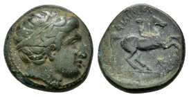 KINGS of MACEDON. Philip I The Arab.I.(359-336 BC).Uncertain in Macedon.Ae.

Obv : Diademed head of Apollo right.

Rev : ΦΙΛΙΠΠΟΥ.
Youth on horseback ...