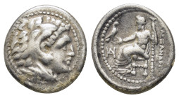 KINGS of MACEDON. Alexander III The Great.(336-323 BC).Miletos.Drachm.

Obv : Head of Herakles right, wearing lion skin.

Rev : AΛEΞANΔPOY.
Zeus seate...