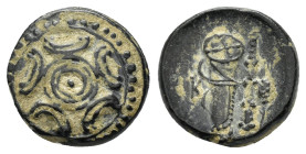 KINGS of MACEDON. Alexander III The Great.(336-323 BC).Miletos or Mylasa. Ae.

Obv : Macedonian shield.

Rev : K.
Bow in quiver, club and grain ear.
P...