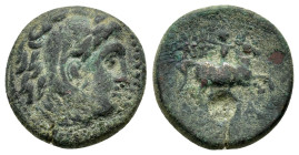 KINGS of MACEDON.Alexander III The Great.(336-323 BC).Uncertain in Macedon.Ae.

Obv : Head of Herakles right, wearing lion skin.

Rev : ΑΛΕ.
Horseman,...