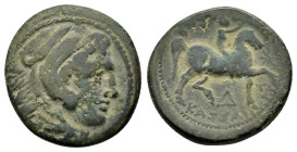 KINGS of MACEDON. Kassander.(317-305 BC). Ae

Obv : Head of Herakles right, wearing lion's skin headdress.

Rev : BAΣIΛEΩΣ KAΣΣANΔΡOY.
Horseman right,...