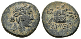 PONTOS. Amisos. Time of Mithradates VI.(Circa 105-90 or 90-85 BC). Ae.

Obv : Head of Dionysos right, wearing ivy wreath.

Rev : AMIΣOY.
Thyrsos leani...