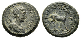 LYDIA. Hierocaesaraea. Pseudo-autonomous issue.. Ae.

Obv : ΠΕΡCΙΚΗ.
Draped bust of Artemis, bow and quiver over shoulder.

Rev : ΙΕΡΟΚΑΙCΑΡΕΩΠ.
Stag ...
