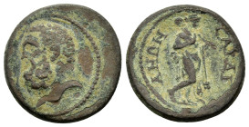 LYDIA. Sardes.Pseudo-autonomous. Time of Trajan or Hadrian.(98-138). Ae.

Obv : Ηead of Heracles bearded, left.

Rev : ϹΑΡΔΙΑΝΩΝ.
Omphale naked but fo...
