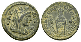 LYDIA.Sardis. Pseudo-autonomous issue..(218-222). Ae.

Obv : CAΡΔIC.
Veiled and turreted bust of Tyche right.

Rev : CAΡΔIANΩN B NEΩKOΡΩN.
Cult image ...