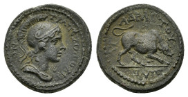 CARIA. Trapezopolis. Pseudo-autonomous issue.Time of Antoninus Pius.(138-161). Ae. 

Obv : ΤΡΑΠЄΖΟΠΟΛΙΤΩΝ.
Helmeted and draped bust of Athena right.

...