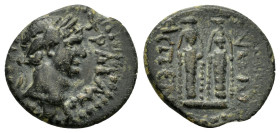 PAMPHYLIA. Aspendus.Trajan.(98-117).Ae.

Obv : ΤΡΑΙΑΝΟΣ ΚΑΙΣΑΡ.
Laureate head right.

Rev : ΑϹΠΕΝΔΙΩΝ.
Cult statues of the Aphroditai Kastnietides.
RP...