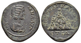 CAPPADOCIA. Caesarea. Julia Domna.(Augusta, 193-217). Ae.

Obv : ΙΟΥΛΙΑ ΔΟΜΝΑ ΑΥΓ.
Draped bust right.

Rev : ϹΜΥΡΝΑΙ ΚΑΙϹΑΡ ΕΤ ΙΔ.
Mt. Argaeus; ...