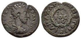 CILICIA. Anazarbus. Commodus.(177-192). Ae.

Obv : ΑVΤΟ Κ Λ ΑV ΚΟΜΟΔΟΝ СЄ.
Laureate, draped and cuirassed bust right.

Rev : ΑΝΑΖΑΡΒΑΙωΝ ЄΤΟVС ΘЧP. ΙЄ...