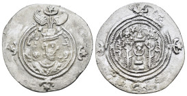 SASANIAN KINGS. Husrav (Khosrau) II (590-628). Drachm.

Obv : Crowned bust right.

Rev : Fire altar; attendant to left and right; star and crescent be...