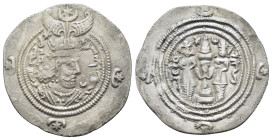 SASANIAN KINGS. Husrav (Khosrau) II.(590-628). Drachm.

Obv : Crowned bust right.

Rev : Fire altar; attendant to left and right; star and crescent be...