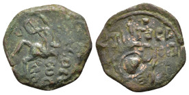 CRUSADERS. Antioch. Roger of Salerno.(Regent, 1112-1119).Follis.

Obv : ΓEWR.
St. George, slaying dragon, on horse rearing right.

Rev : POTSER / ΠPIΓ...