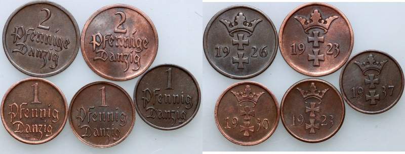 Wolne Miasto Gdańsk, zestaw monet z lat 1923-1937, (5 sztuk) Monety 1 fenig z 19...