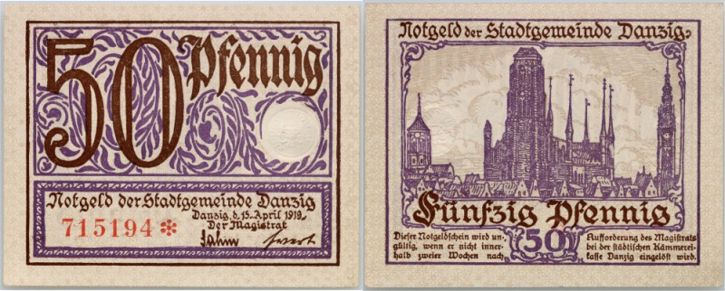 Gdańsk, 50 fenigów 1919 - fioletowy Numer 715194. Niewielki defekt papieru na do...