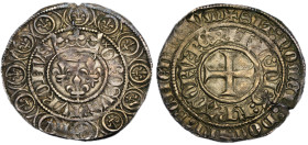 Charles VI
Gros aux lis sous une couronne ou grossus turonus, 1413, AG 3.55 g. 
Avers : + KL': DI: G': FRACORV': REX,; légende extérieure : + SIT: nOm...