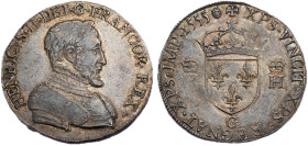 Henri II 1547-1559
Teston à la tête nue 1er type, Poitiers, 1555 G, AG 9.50 g. 
Avers : HENRICVS. II. DEI. G. FRANCO. REX Buste du Roi à droite, cuira...