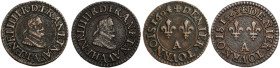 Henri IV 1589-1610 
lot de deux Denier tournois, Paris, 1603 & 1604 A, Cuivre 
Ref : G. 532, Dy 1274
Conservation : TTB-SUP