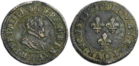 Henri IV 1589-1610 
Double Denier tournois, Paris, 1598 A, Cuivre 3 g.
Ref : G. 538, Dy 1273
Conservation : TTB