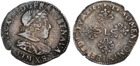 Louis XIII 1610-1643
1/2 Franc, buste lauré au petit col rabattu, Toulouse, 1638 M, AG 6.87 g.
Ref : G. 40 
Conservation : TTB