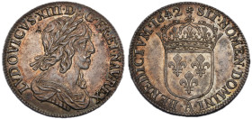 Louis XIII 1610-1643
1/4 Écu, 2ème poinçon de Warin, buste drapé et cuirassé, Paris, 1642 A, rose, AG 6.82 g.
Ref : G. 48 (R)
Conservation : Superbe....