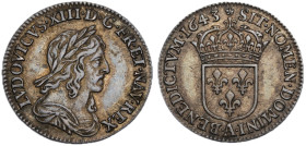Louis XIII 1610-1643
1/12 Écu 2èm poinçon de Warin buste drapé et cuirassé, Paris, 1643 A, rose, AG 2.23 g.
Ref : G. 46 
Conservation : TTB-SUP