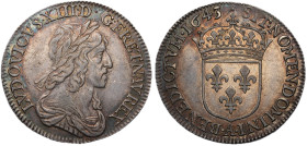 Louis XIII 1610-1643 1/4 Écu, 2ème poinçon de Warin buste drapé et cuirassé, Paris, 1643 A, point, AG 6.81 g.
Ref : G. 48 
Conservation : Superbe et t...