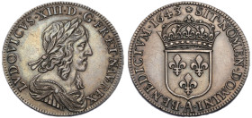 Louis XIII 1610-1643
1/2 Écu, 2ème Poinçon de Warin, Paris, 1643 A, rose, petit buste AG 13.72 g.
Ref : G. 50 (R4)
Conservation : Superbe