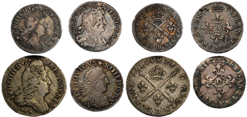 Louis XIV 1643-1715
Lot de 2 monnaies de 4 sols "de Traitants", 1676 D et 1677 A...