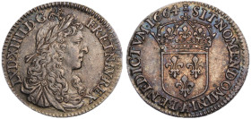Louis XIV 1643-1715 1/12 Écu au buste juvénile, Paris, 1664 A, AG 2.28 g.
Ref : G. 115
Conservation : TTB+
