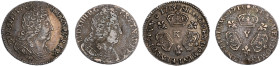 Lot de 2 monnaies de 1/10 Écu aux 3 couronnes, Bourges, 1715 Y et Bordeaux 1715 K 
Ref : G. 125 (R)
Conservation : TB-TTB