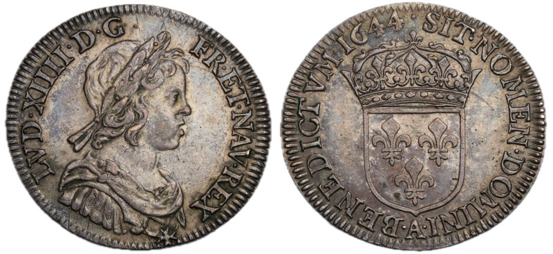 Louis XIV 1643-1715
1/4 Écu à la mèche courte, point, Paris, 1644 A, AG 6.88 g.
...