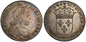 Louis XIV 1643-1715
1/4 Écu à la mèche courte, rose, Paris, 1645 A, AG 6.87 g.
Ref : G. 139
Conservation : SUP-FDC