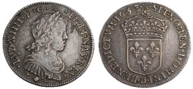 1/4 Écu à la mèche longue, Lyon, 1653 D, AG 6.67 g.
Ref : G. 140 (R3)
Conservation : TTB. Très Rare