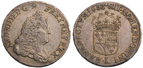 1/4 écu de Flandre, Lille, 1688 (L couronné), AG 9.28 g.
Avers : Lis dans la draperie
Ref : G. 149
Conservation : TTB. Rare.